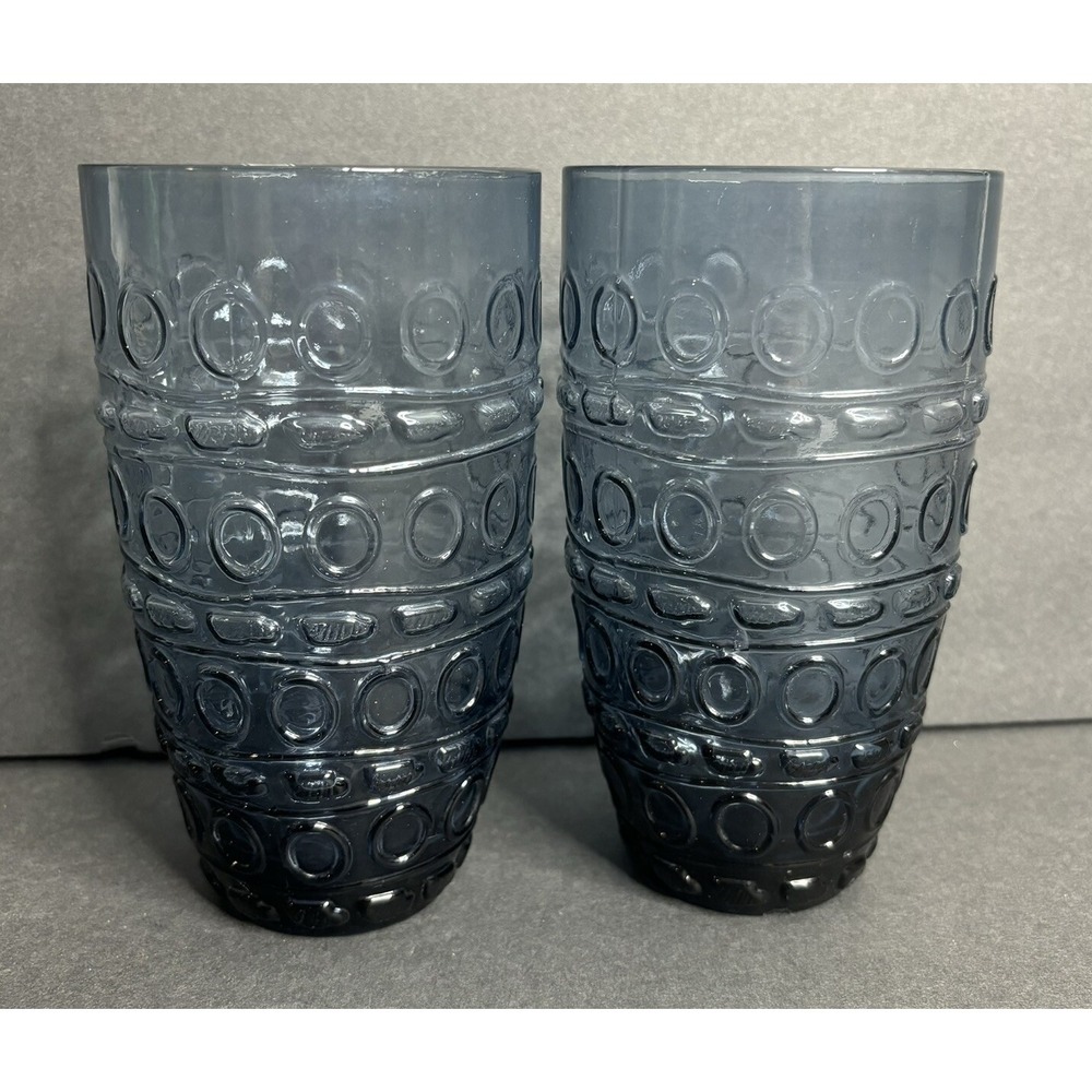 2 Anthropologie Blue Line & Dot Water Goblet Drinking Glass Tumblers 6" Tall